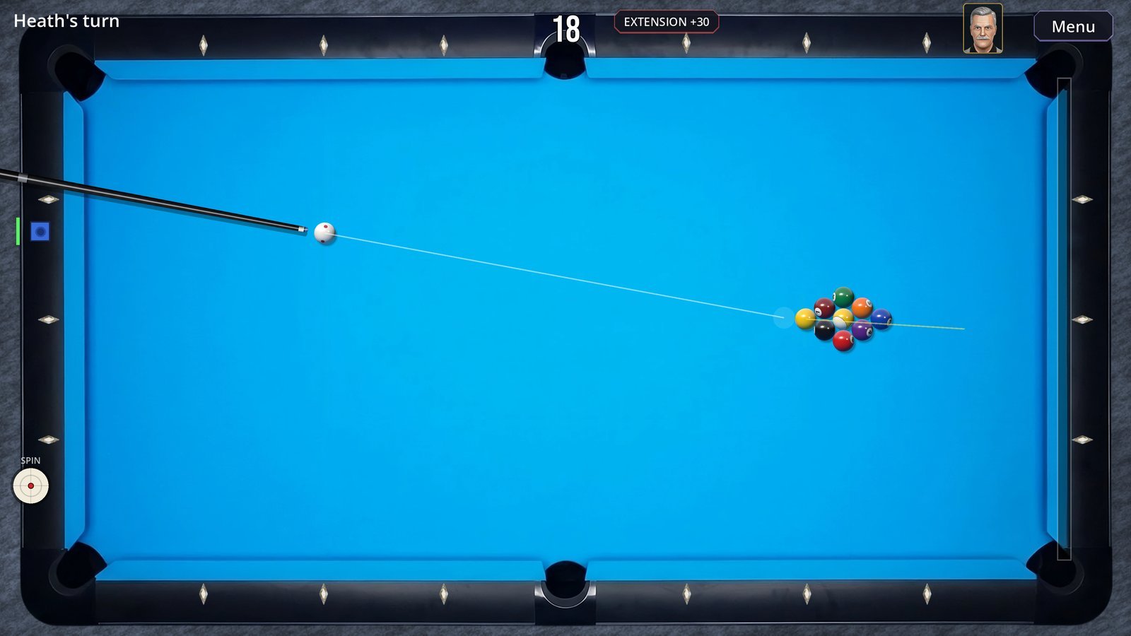 Heath lining up the break on a racked 9-ball diamond