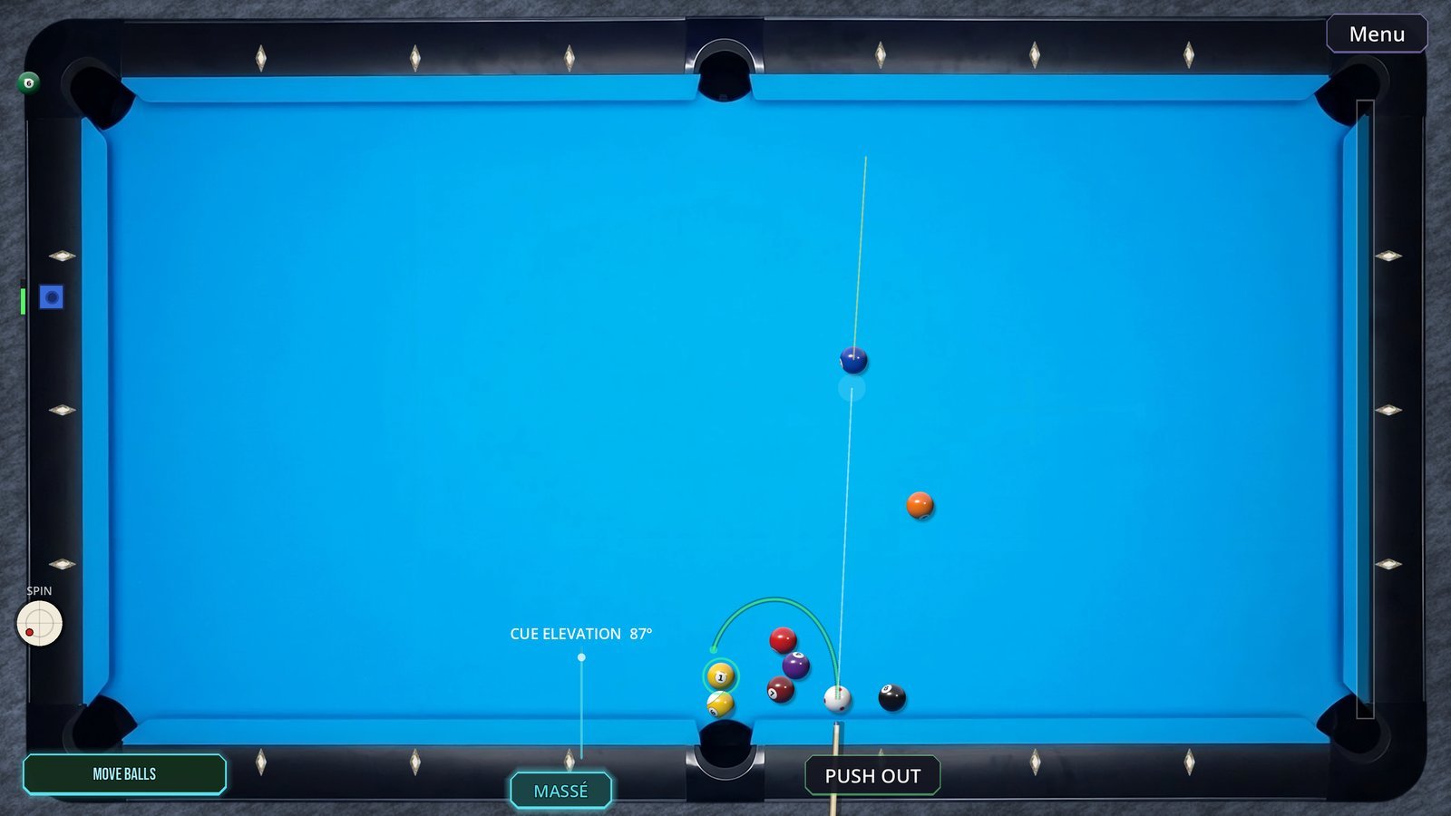 Massé shot at 87 degrees of cue elevation curving around a blocker