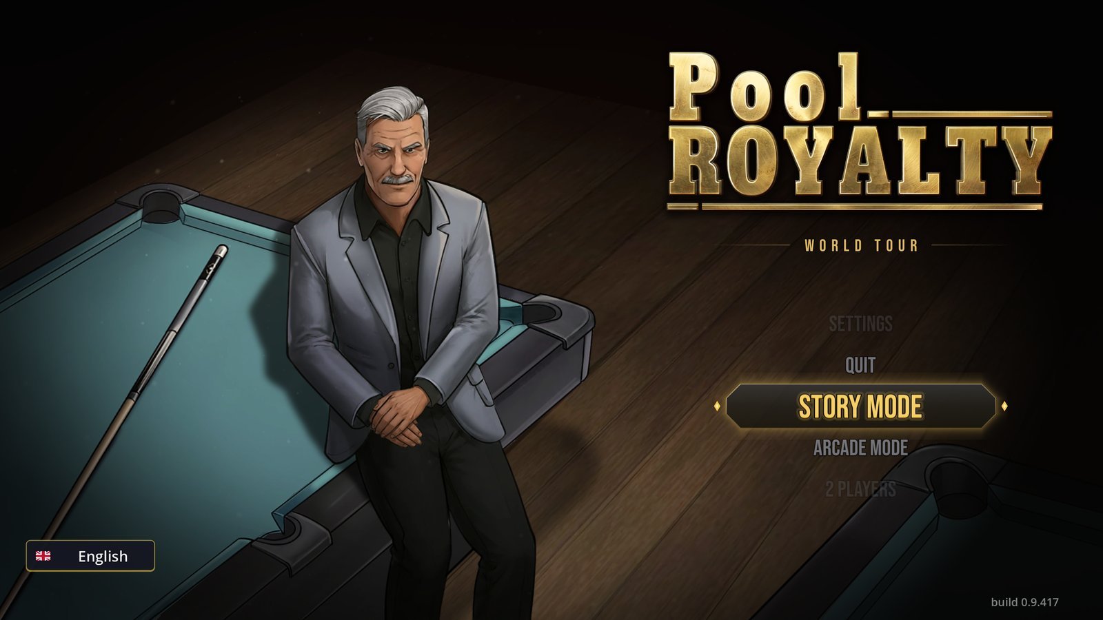 Pool Royalty: World Tour main menu with Edward seated on the table edge