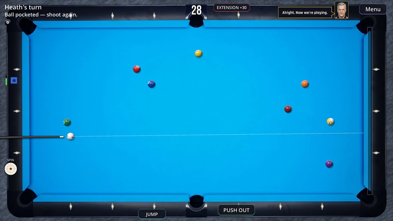 Heath pockets a ball while Edward talks back